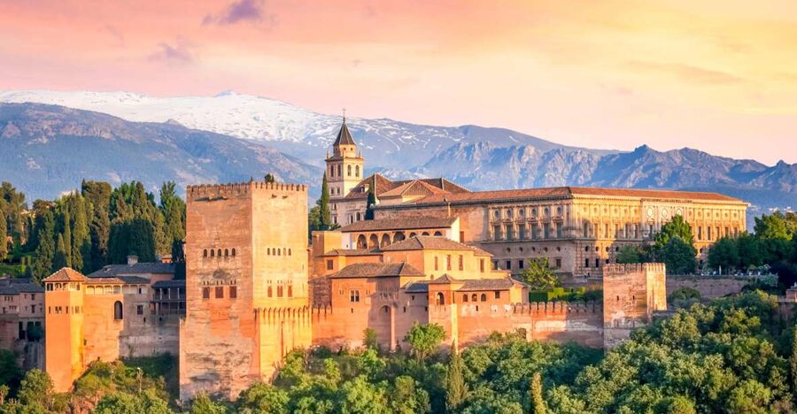 The Alhambra above Granada with the snow on the Sierra Nevada behind it